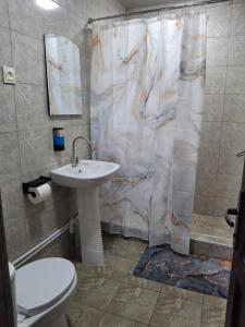 a bathroom with a sink and a shower curtain at Tatev Hotel in Tatʼev