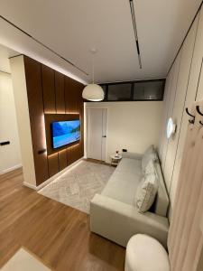 un salon avec un canapé et une télévision dans l'établissement ЖК Кристалл 160К7 6 этаж 1213, à Almaty 10 autres photos