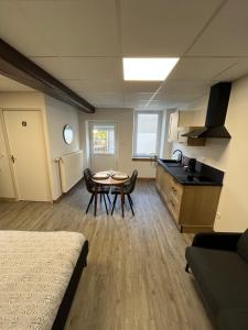 a large room with a table and a kitchen at Les Pichies, Studio Dadoum, Centre ville in Digoin
