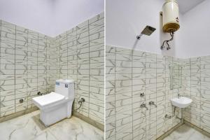 two pictures of a bathroom with a toilet and a sink at Hotel O Hindon Airport Ghaziabad in Ghaziabad