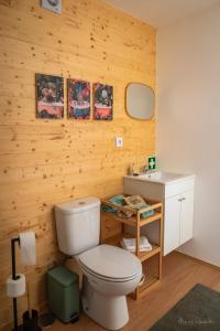 a bathroom with a white toilet and a sink at Bungalow da Romy in Vila Praia de Âncora