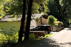 een auto geparkeerd op een oprit naast een huis bij Casa Foresta in Maggia