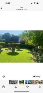 two photographs of a park with a bench in the grass at The Bright House Villa in Oudtshoorn