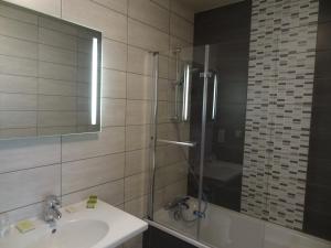 uma casa de banho com um lavatório e um chuveiro com um espelho. em LE Relais des Anges em Rupt-sur-Moselle