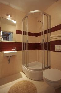 La salle de bains est pourvue d'une douche, de toilettes et d'un lavabo. dans l'établissement Apartamenty Tęcza, à Świnoujście