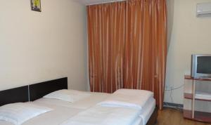 a bedroom with a bed and a curtain and a television at Pension Saphir in Bistriţa