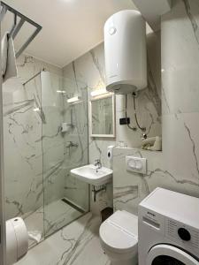 a bathroom with a toilet and a sink and a shower at Dubrave apartmani in Budva +12 photos