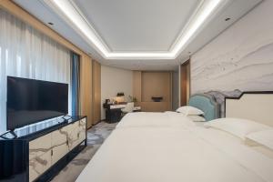 een slaapkamer met twee bedden en een flatscreen-tv bij Floral Luxury Hengdian Jiuqilu B&B in Longfengshan