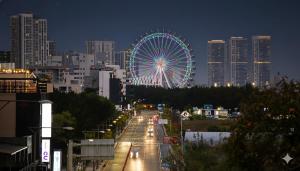 une grande roue ferris dans une ville la nuit dans l'établissement Sokcho pensionbyeol, à Sokcho 1 autre photo