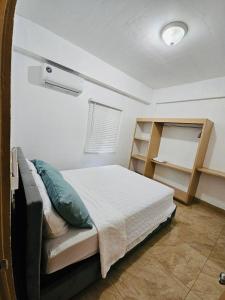 タモンにあるCozy 1 bedroom, 1 bathroom Pedro's Heights Villaのベッドルーム(ベッド1台、本棚付)