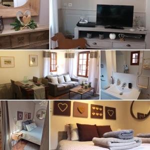 a collage of four pictures of a living room at le Roy de coeur in Riquewihr