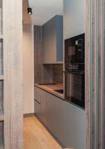 una cucina con armadietti grigi ed elettrodomestici neri di Apart-hotel Pahulja a Jahorina