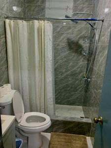 a bathroom with a toilet and a shower at Peaceful 1-bedrm, 1-bathrm villa Pedro's Height in Tumon