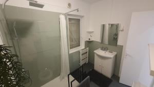 a bathroom with a shower curtain and a sink at Appart Cosy proche Gare - Lit Queen size & Netflix in Angoulême +31 photos