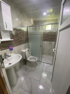 a bathroom with a shower and a toilet and a sink at Adrasan Çıtır Pansiyon in Kumluca