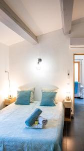 a bedroom with a bed with a blue comforter at Le Plan de la Tour - T2 4 pers climatisé, 1 ch, jardin, parking, douceur provençale in Plan-de-la-Tour