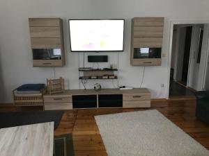 a living room with a projection screen on the wall at Bergapartments in Kurort Oberwiesenthal