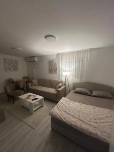 Un dormitorio con una cama y una sala de estar. en Vila Trajković, en Velika Plana 2 fotos más