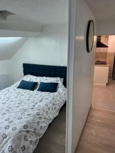 een slaapkamer met een bed met blauwe kussens bij Studio in Montlhéry