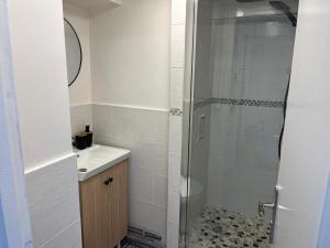 een badkamer met een douche en een wastafel bij Studio in Montlhéry