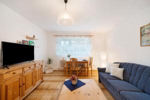 a living room with a blue couch and a tv at Ferienapartment Karle in Nordrach