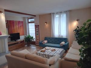 a living room with a couch and a tv at La Vie en Rose et Azur in Cluses