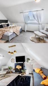 two images of a bedroom and a living room at Moderne schicke Dachgeschosswohnung 15 min bis Düsseldorf in Duisburg