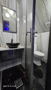 a bathroom with a sink and a toilet at Vár-i Apartman in Balatonmáriafürdő