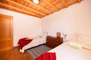 1 Schlafzimmer mit 2 Betten und Holzdecke in der Unterkunft Adega Poça in Prainha de Baixo