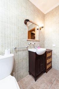 ein Badezimmer mit einem Waschbecken, einem WC und einem Spiegel in der Unterkunft Adega Poça in Prainha de Baixo