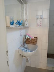 une salle de bain avec un lavabo et un panier au mur dans l'établissement kikis apartment a veranda dream, à Drios