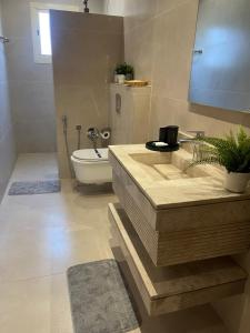 a bathroom with a sink and a toilet at فيلا بمزرعة in AlUla +27 photos