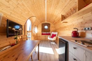 a log cabin kitchen with a wooden ceiling at Wellnes Hříbek in Dyjákovice