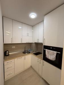a kitchen with white cabinets and a sink at Nela Bl in Banja Luka +7 photos