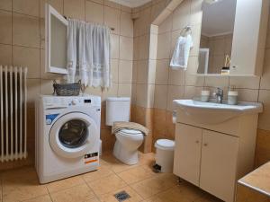 une salle de bain avec une machine à laver et un lavabo dans l'établissement Marina's Guesthouse, seaview apartment, à Kavala