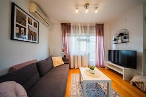 Una sala de estar con un sofá y un televisor. en Flex SelfCheckIns 180 - Zagreb - 1 Bedroom - Parking - Loggia, en Zagreb