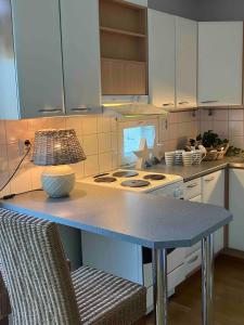 a kitchen with a table and a counter top at Beautiful studio with sauna, balcony in Rauma +8 photos