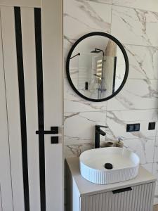 a bathroom with a white sink and a mirror at Barn&Haus-Stodoły Widokowe in Zubrzyca Dolna +19 photos
