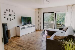 a living room with a couch and a tv at Ferienwohnungen Bergnest Winterberg in Winterberg