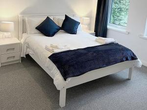 a bedroom with a white bed with blue pillows at Holiday Home Burren Seaside Lodge by Interhome in Ballyvaughan