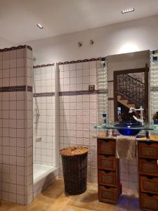 a bathroom with a shower and a sink and a mirror at Tu Capricho in Piedralaves