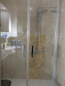 a shower with a glass door in a bathroom at VerdeLuxe Sarajevo in Sarajevo +12 photos