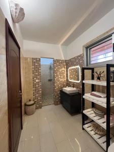 a bathroom with a shower and a sink and a mirror at Oasis luxueuse en bord de Mer Virage Dakar in Dakar