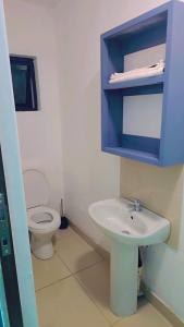 a bathroom with a white toilet and a sink at Jabulani Lodge in Johannesburg