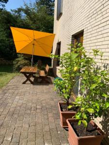 a picnic table with an umbrella and potted plants at Ferienwohnung Summerset 2 in Rosengarten