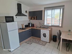 a kitchen with a white refrigerator and a washing machine at Ti kaz Orion in Les Avirons