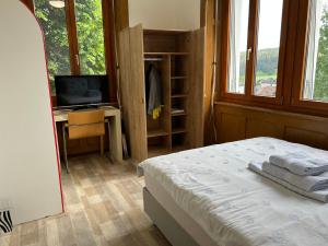 a bedroom with a bed and a desk with a television at Le Style Haussmannien in Tramelan