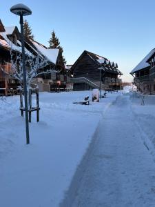 a snow covered street with buildings and a tree at Super Besse chez Sophie 2ch, séjour, wifi, 2tv, rdc, terrasse, parc, piscine, pkg in Besse-et-Saint-Anastaise