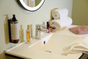 a bathroom counter with a sink and a mirror at Le Rocher Du Cerf in Le Lioran