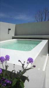 a swimming pool on the side of a building with purple flowers at PH en La Plata con terraza in La Plata